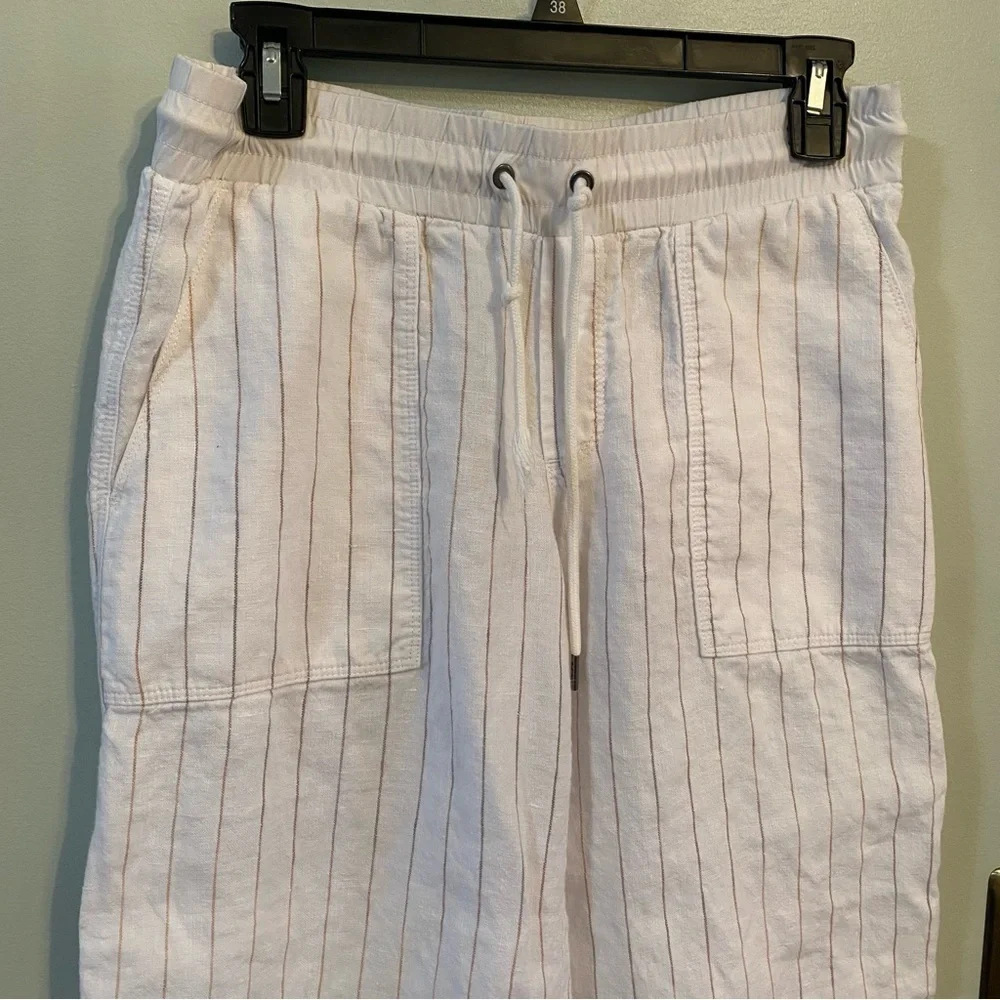 Athleta Linen striped white wide leg drawstring cropped  pant size 6